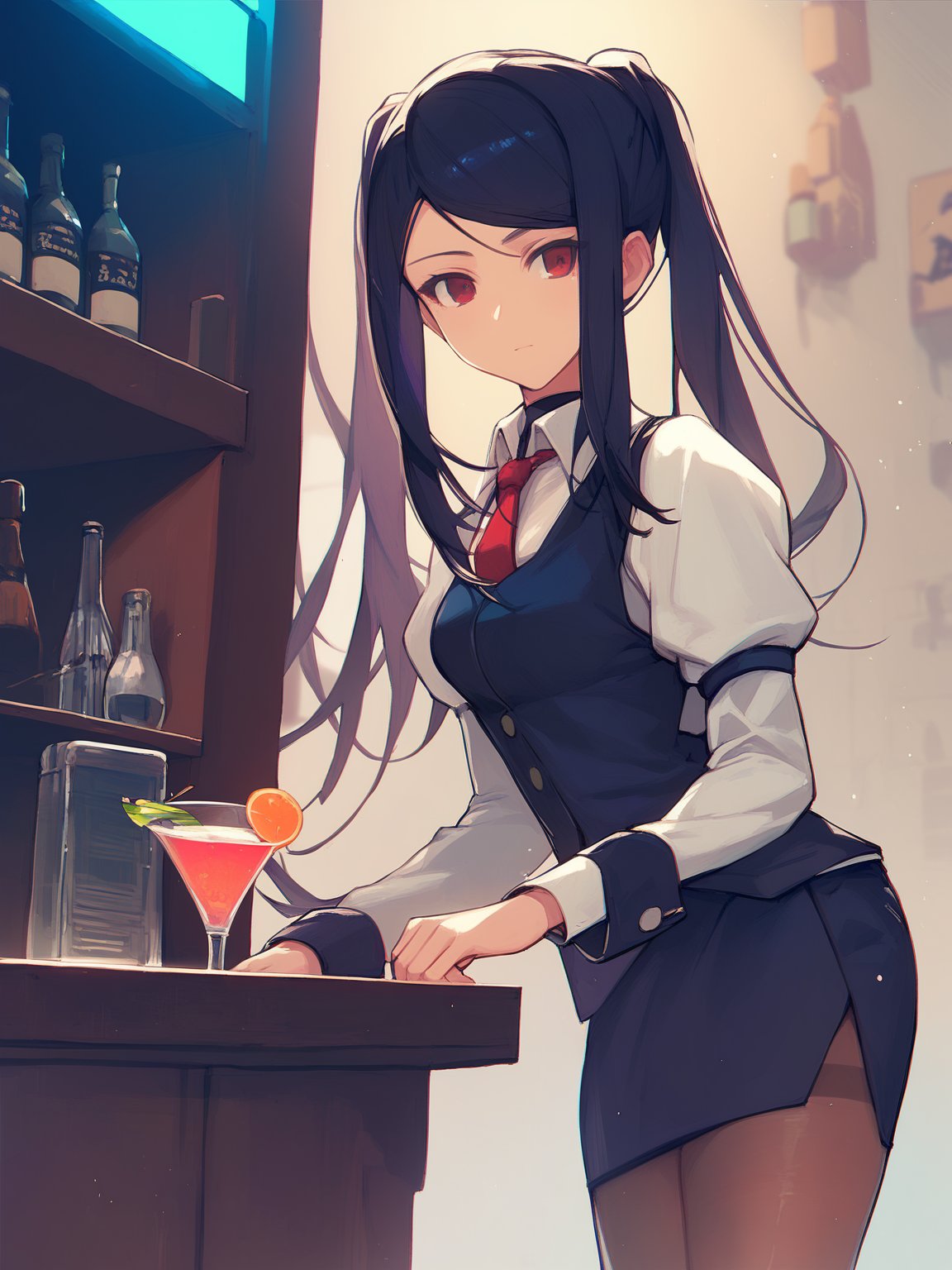 score_9, score_8, score_7, source_anime,<lora:jill-ponyxl-000005:1> jill stingray, necktie, pantyhose, skirt, vest, white shirt1girl, solo,bartender, bar, cocktail glass, standing behind counter