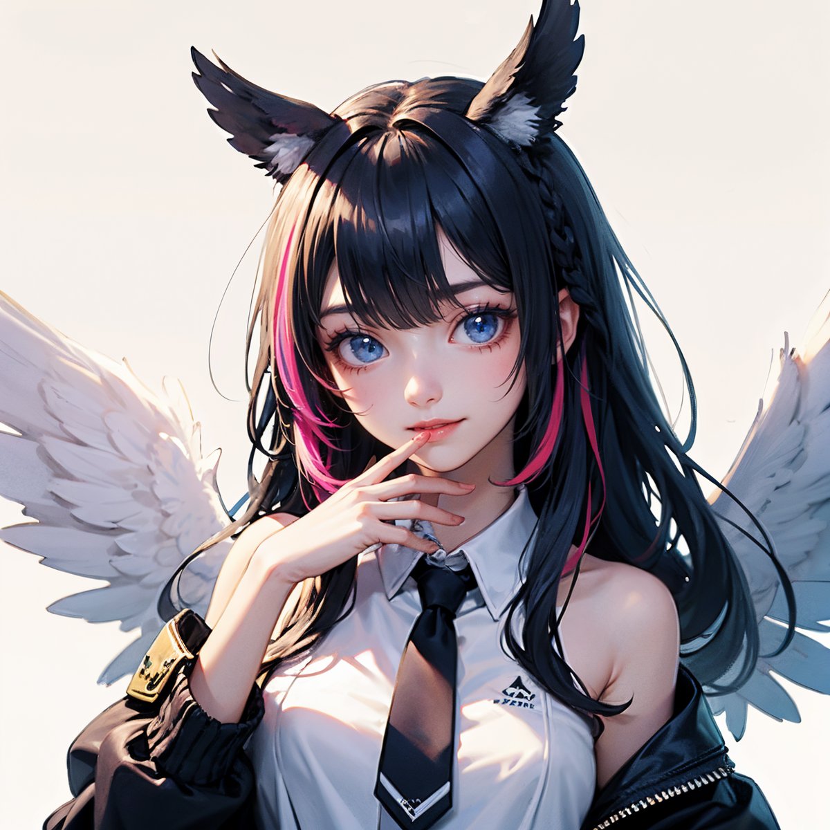 1girl,solo,blue eyes,long hair,blue hair,multicolored hair,wings,smile,v,pink hair,looking at viewer,off shoulder,shirt,jacket,upper body,bangs,white jacket,braid,white background,white shirt,virtual youtuber,long sleeves,collared shirt,streaked hair,bare shoulders,simple background,angel,hand up,angel wings,