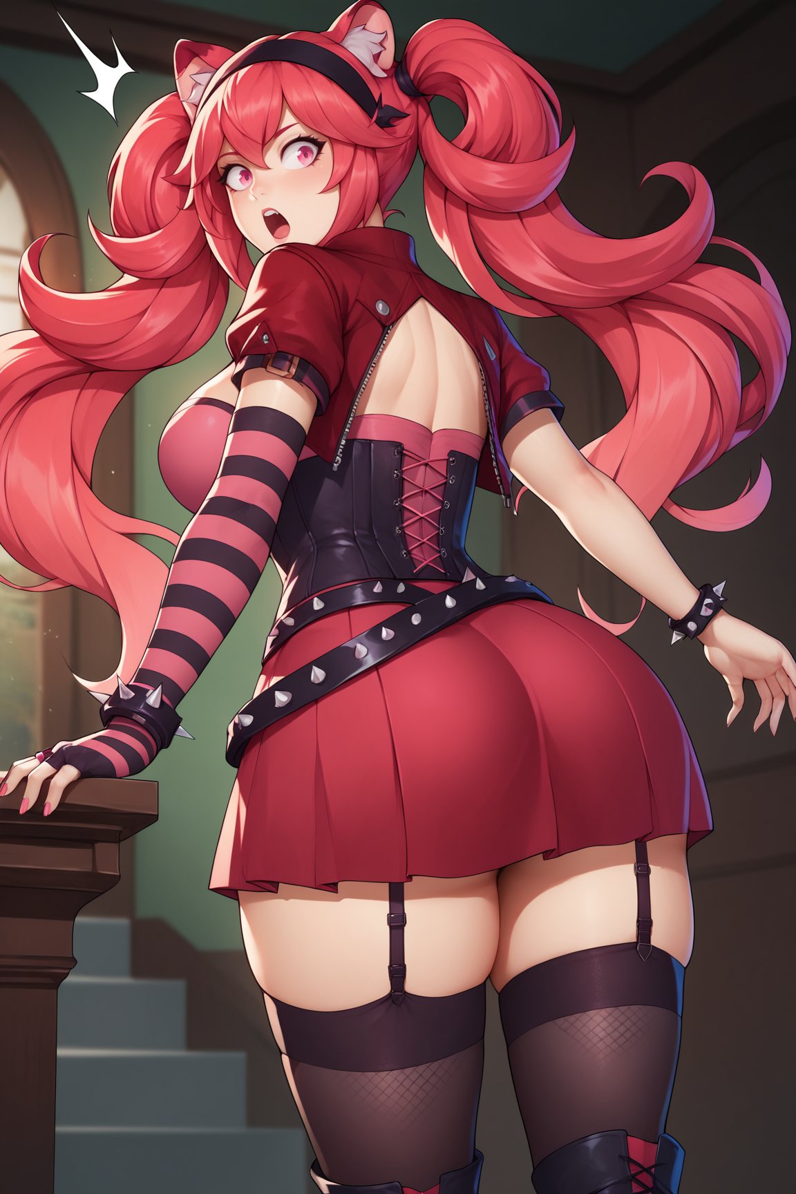 score_9, score_8_up, score_7_up, score_6_up, score_5_up, score_4_up, LunariaVTXL, pink eyes, red hair, bangs, sidelocks, long hair, twintails, animal ears, hairband, large breasts, red jacket, corset, spiked bracelet, single elbow gloves, striped elbow gloves, pink fingerless gloves, red skirt, belt, garter straps, fishnet thighhighs, black thighhighs, boots, standing, (from behind), focus ass, big ass, ass, surprised, looking back, indoors <lora:LunariaVTXL:0.8>