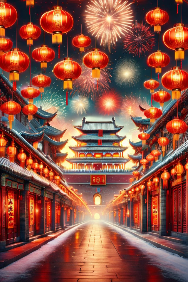 A picture of the background of the Chinese New Year, with lanterns, fireworks, and oriental buildings.,xinnian