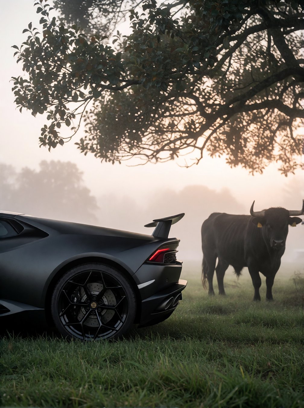 A cinematic photograph of a matte black Lamborghini Huracán with a rear spoiler parked on misty grass beside a large black...