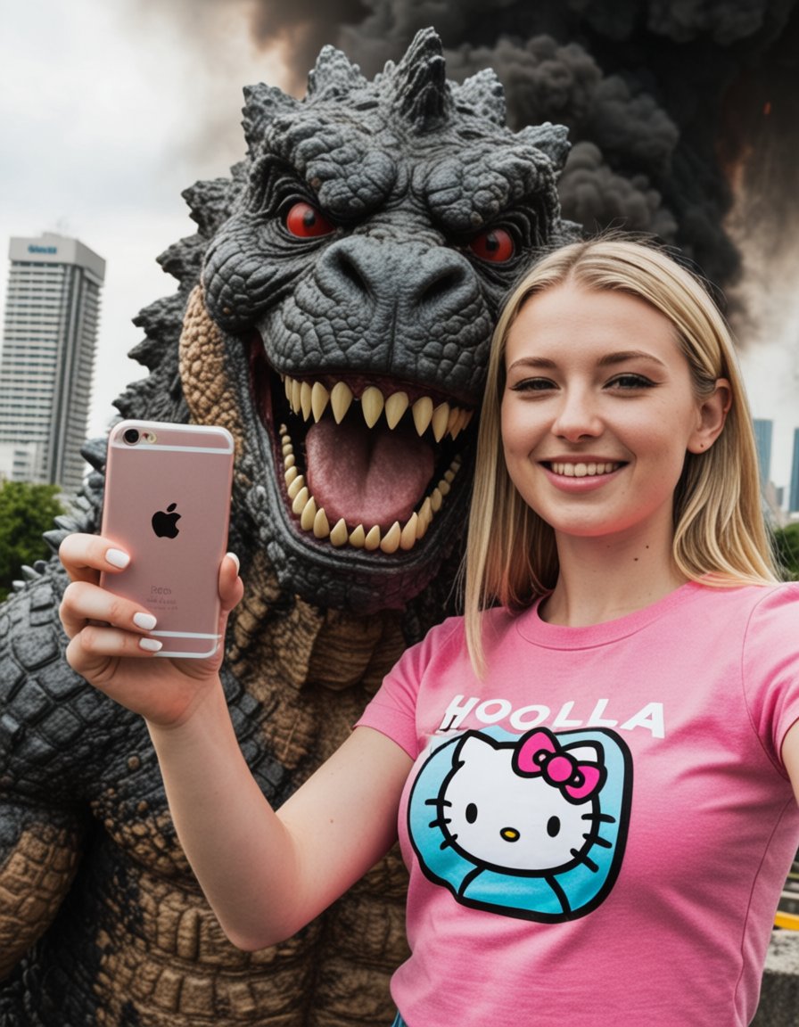 a beautiful blonde girl smiling and taking a selfie with an iphone,  dressed with a hello kitty pink t-shirt, by Electric...