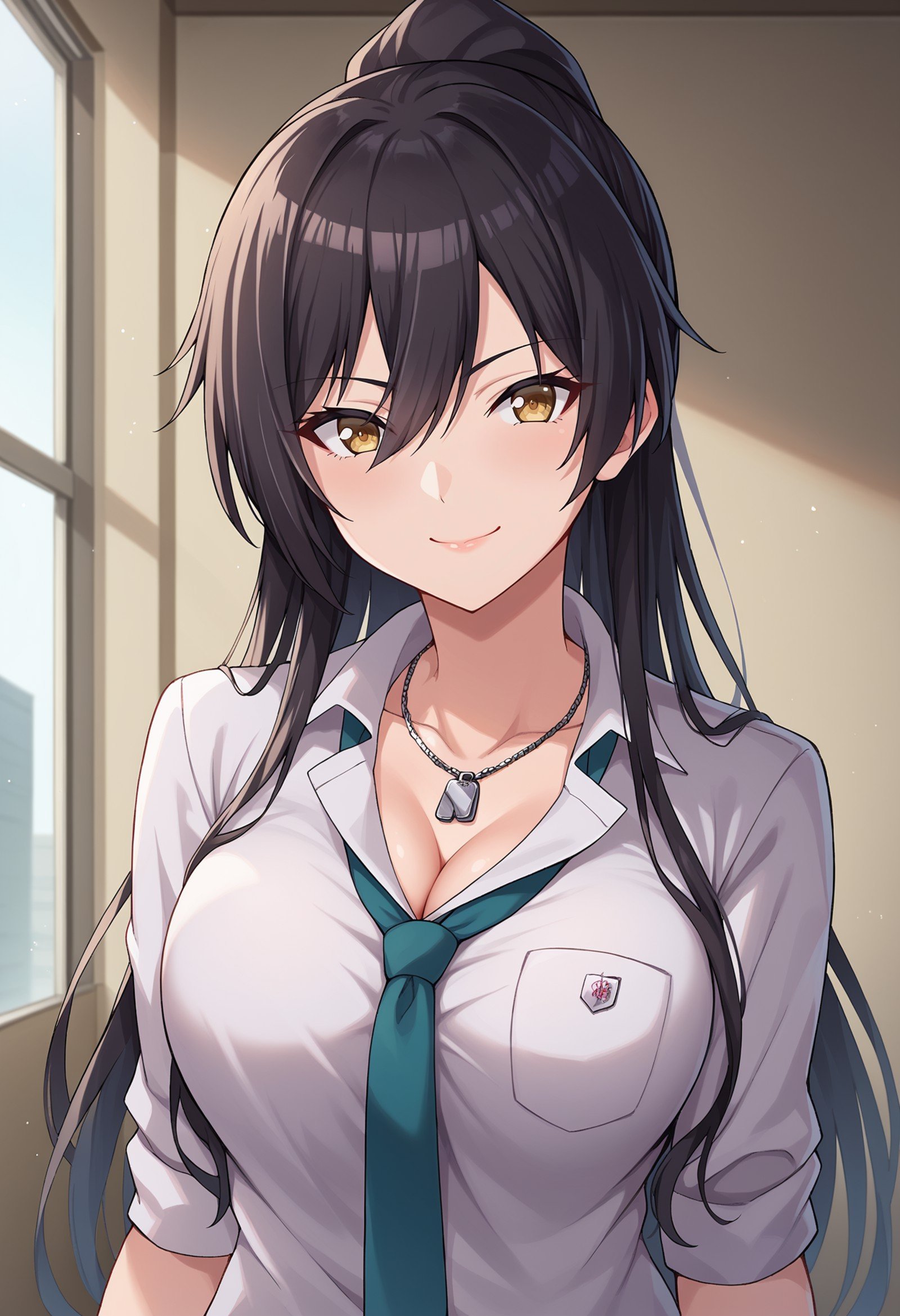 score_9, score_8_up, score_7_up, BREAK source_anime, 1girl, solo, shirase sakuya, large breasts, black hair, long hair, high ponytail, yellow eyes, school uniform, white shirt, plaid skirt, green necktie, dog tags, smile, looking at viewer, upper body, indoors <lora:hskc-sakuya-pony-v0.5:1>