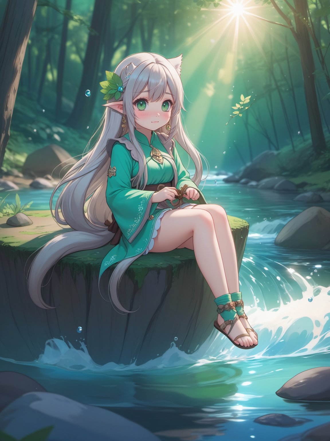 Best quality,masterpiece,chibi,1girl,Pusheen,longhair,water,solo,elf,sitting,halfbody,whitehair,greeneyes,toelesslegwear,barefoot,jewelry,nature,(sunlight),river,(forest),cute,adorable,brightly colored,cheerful,anime influence,highly detailed,