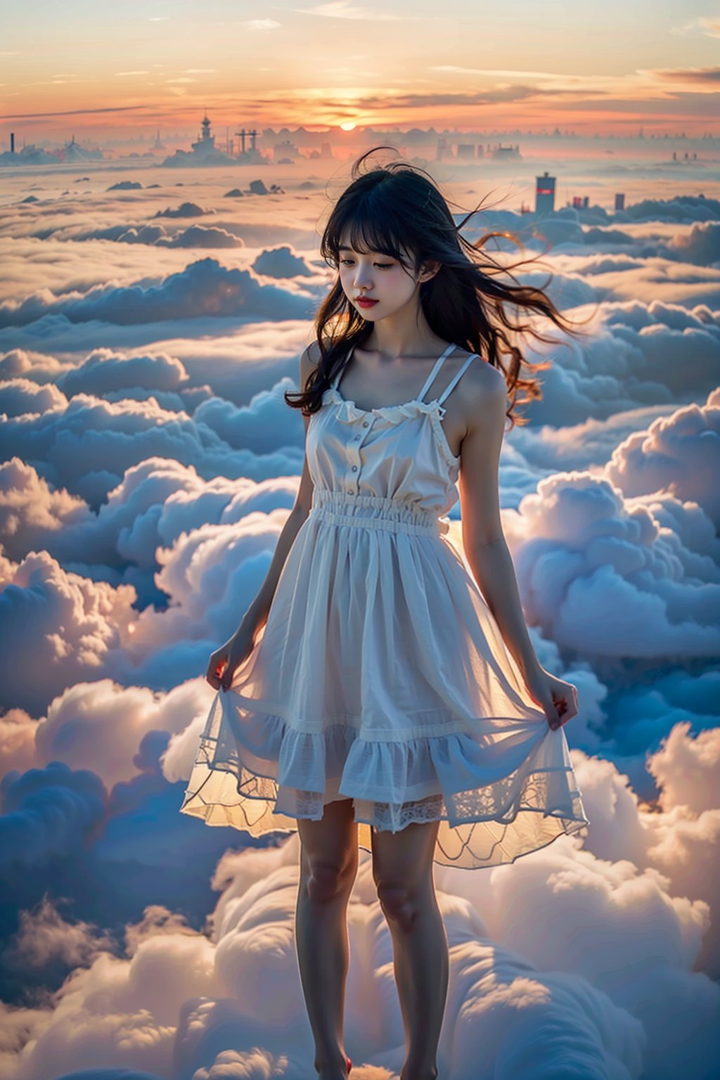 masterpiece,best quality,1girl, above clouds, solo, long hair, black hair, dress, sky, full body, barefoot, cloud, day, cloudy sky, white dress, floating, realistic, sundress <lora:CloudPhotography_v1_wd14:0.7>