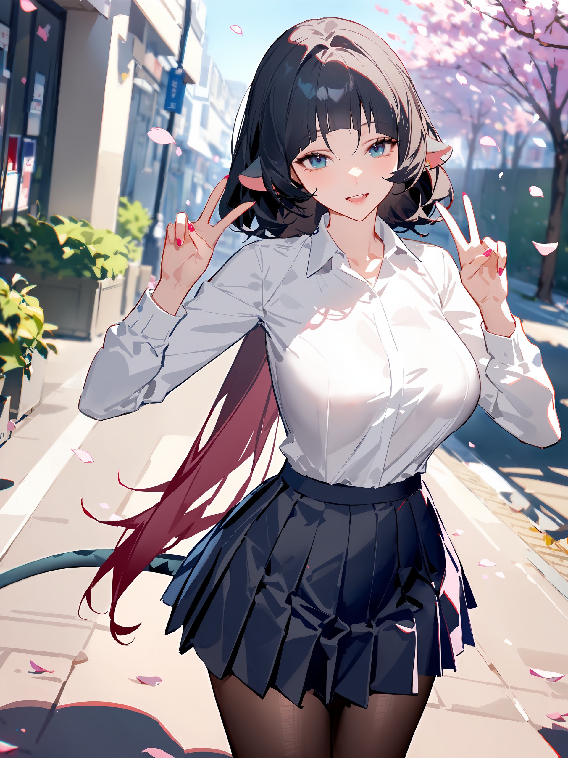 1girl, jane doe \(zenless zone zero\), long hair, solo, school uniform, white shirt, sweater, pleated skirt, pantyhose, smile, open mouth, double v, looking at viewer, smile, open mouth, outdoors, street, cherry blossoms, petals, depth of field, tail <lora:Char-ZZZ-Jane_Doe-V2-XL:0.9>, masterpiece, best quality, very aesthetic, ray tracing, newest,(hitenkei, askzy:0.5),