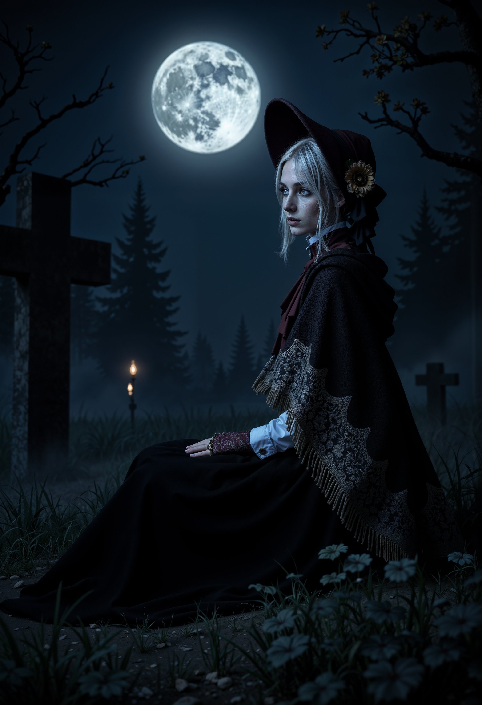 the beautiful PlainD0ll sitting in a dark gothic graveyard, under the moonlight  <lora:FluxPlainDoll:1>