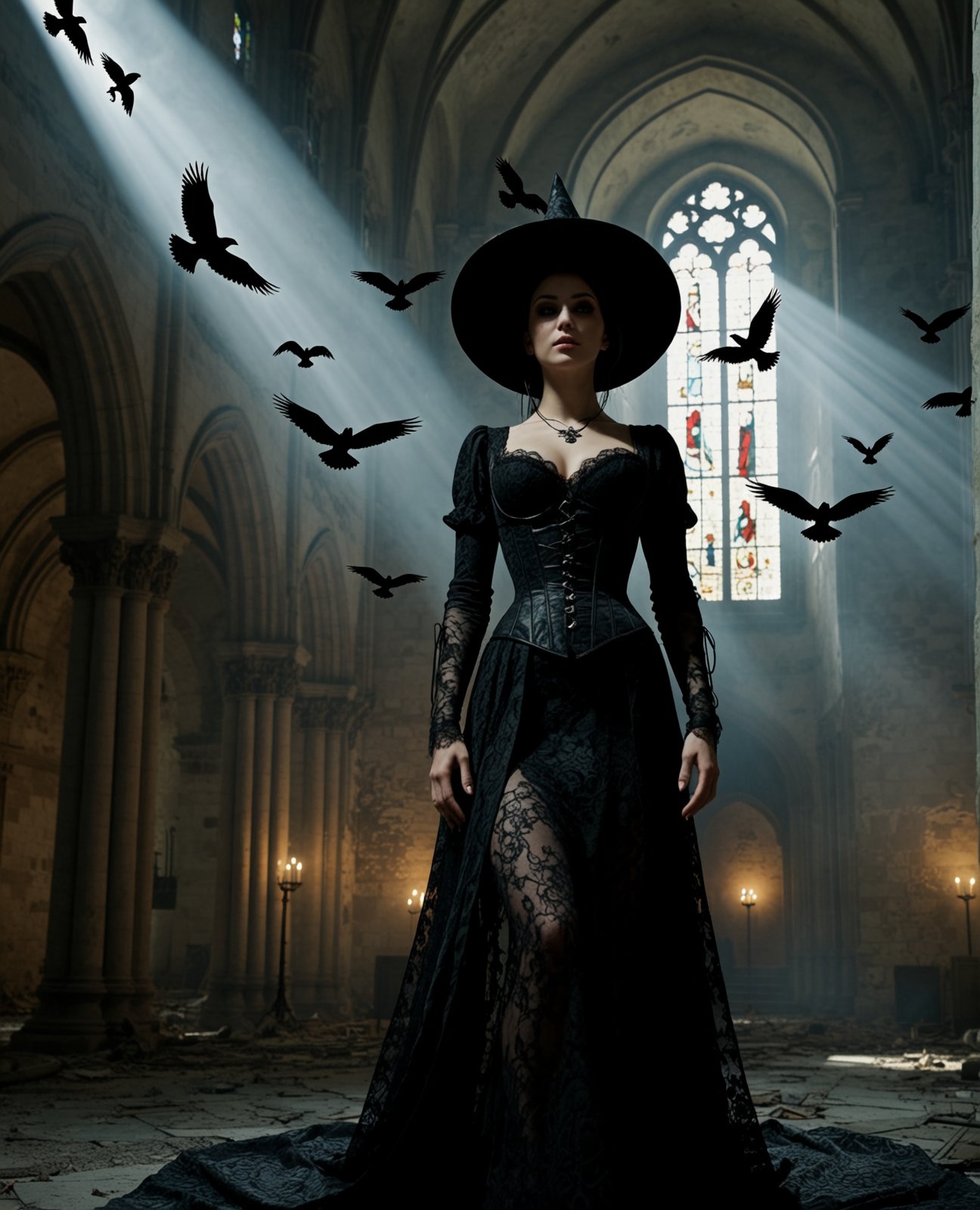ehmidjourney,  beautiful witch in black lace dress,  floating in abandoned cathedral by Electric Dreams on Tensor.Art