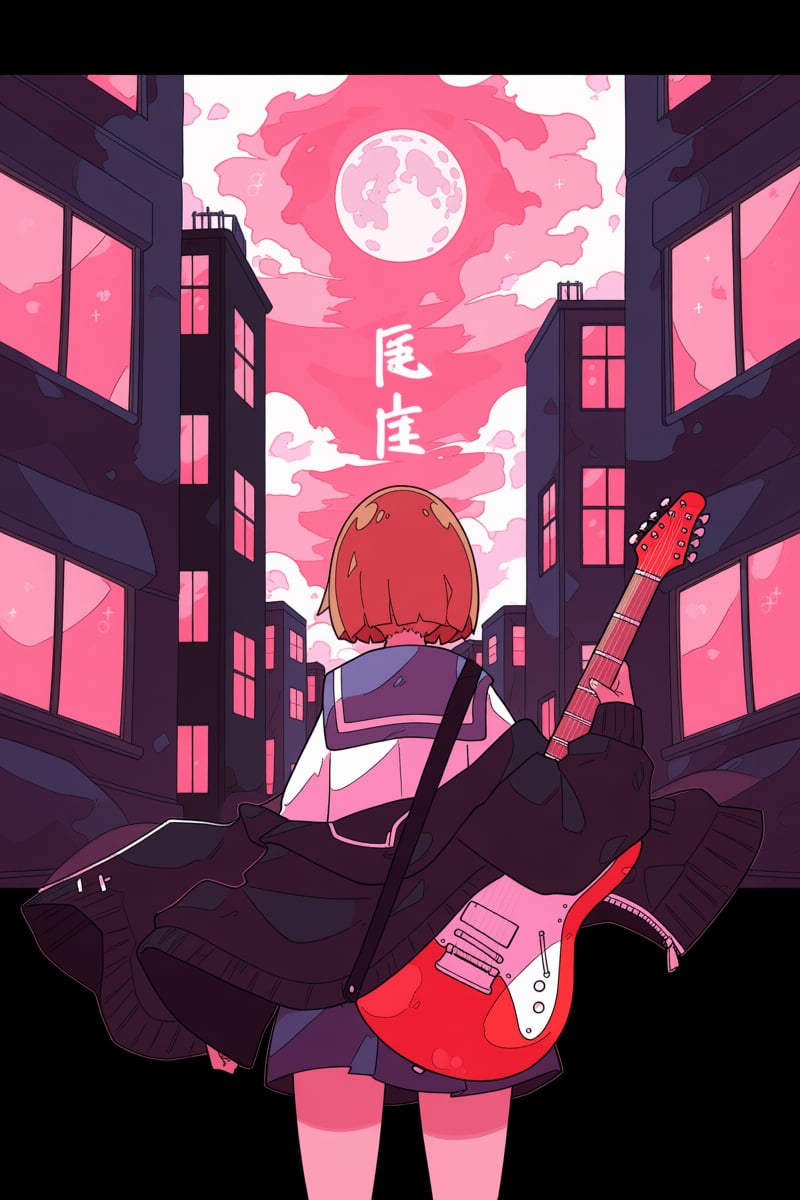 @hrlrst,  A digital illustration shows a cityscape at sunset with a young girl standing in the foreground,  viewed from be...
