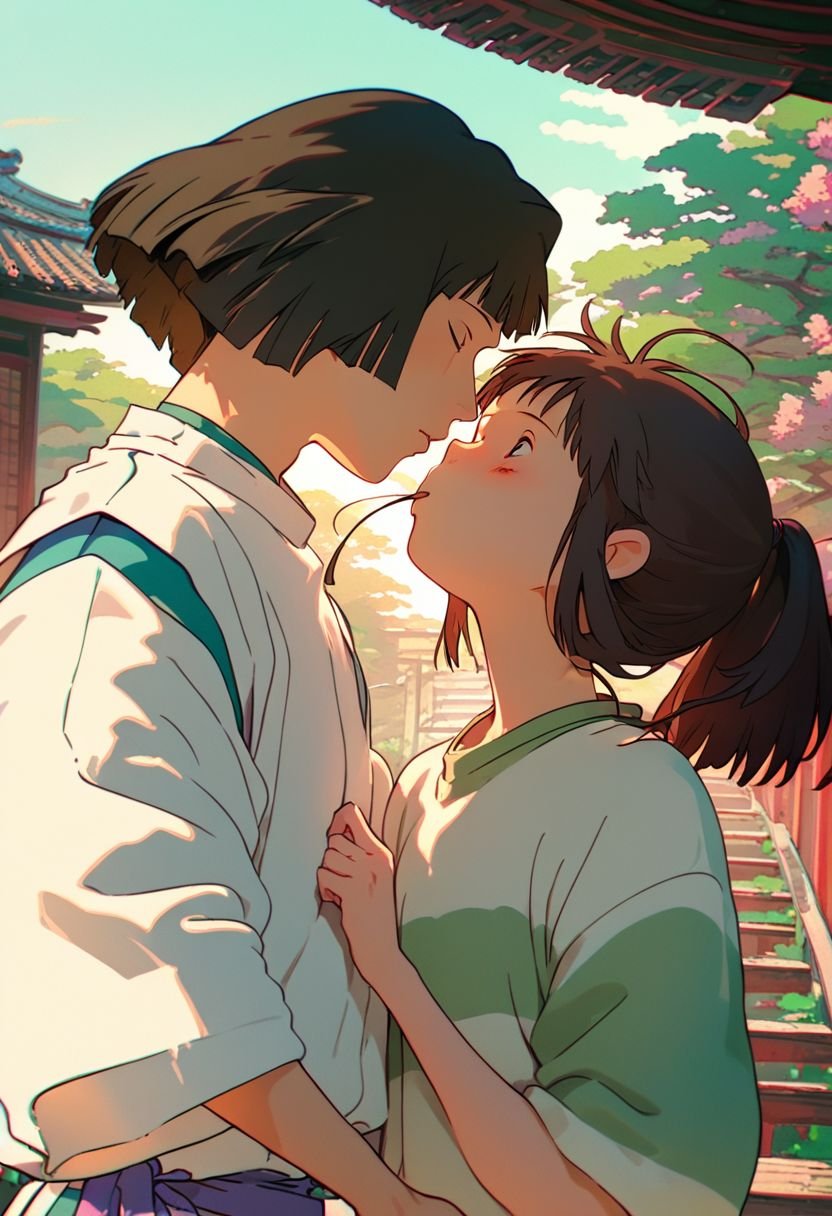 (score_9, score_8_up, score_7_up:1.4),source_anime, xmultiplex, xchihirox,xgreenshirtx, romantic kissing to xhumanxhakux, in a oriental temple