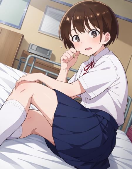 score_9, score_8_up, score_7_up, source_anime,chihirokobayashi, <lora:chihiro-kobayashi-s2-ponyxl-lora-nochekaiser:1>,chihiro kobayashi, short hair, brown hair, brown eyes,skirt, shirt, school uniform, pleated skirt, socks, white socks, white shirt, collared shirt, ribbon, red ribbon, short sleeves,indoors, bed, bed room, on side, blush, drunk,looking at viewer, cowboy shot, dutch angle,