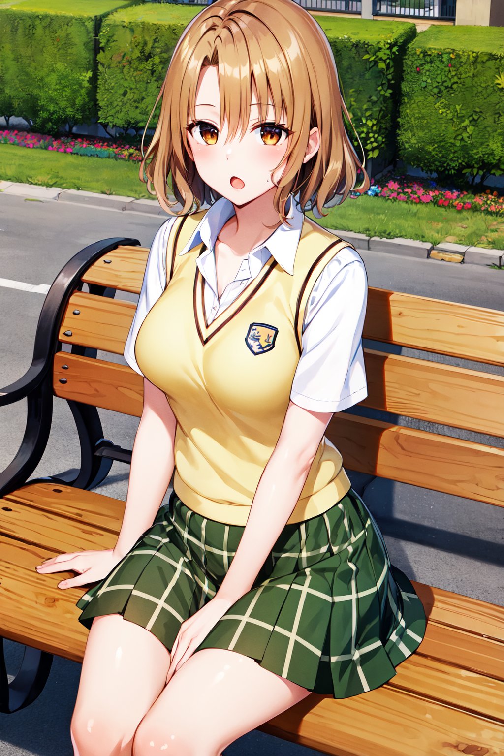 masterpiece, best quality, highres, 1girl, solo, short hair, brown hair, brown eyes, breasts, collarbone, school uniform, collared shirt, white shirt, sweater vest, (yellow vest:1.1), short sleeves, plaid skirt, green skirt, <lora:momioka_risa_v1:0.7>, :o, sitting, outdoors, bench