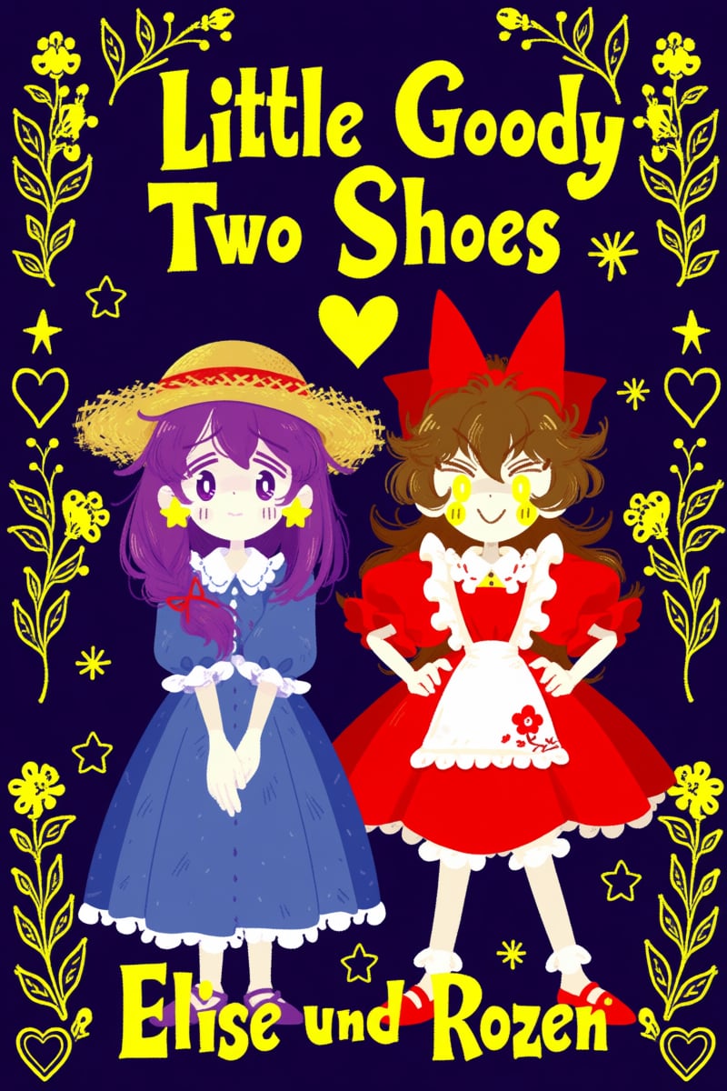 @jsslnst,  The image depicts two girls standing side by side against a dark purple background adorned with yellow floral p...
