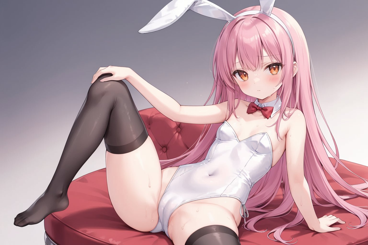 1girl, solo, long hair, breasts, looking at viewer, blush, bangs, thighhighs, bow, animal ears, bare shoulders, medium breasts, sitting, very long hair, closed mouth, pink hair, thighs, sweat, hairband, small breasts, black thighhighs, spread legs, bowtie, rabbit ears, red bow, feet, leotard, orange eyes, bare arms, strapless, covered navel, detached collar, fake animal ears, cameltoe, arm support, no shoes, playboy bunny, red bowtie, strapless leotard, knee up, white hairband, white leotard, leaning back, reclining, zero two \(darling in the franxx\)