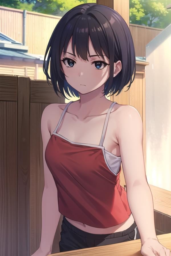 keikosanjou, <lora:keiko sanjou s1-lora-nochekaiser:1>,keiko sanjou, short hair, black hair, (black eyes:1.5),BREAK shorts, black shorts, camisole, bare shoulders, collarbone, (red camisole:1.5),BREAK outdoors, shrine,BREAK looking at viewer, (cowboy shot:1.5),BREAK <lyco:GoodHands-beta2:1>, (masterpiece:1.2), best quality, high resolution, unity 8k wallpaper, (illustration:0.8), (beautiful detailed eyes:1.6), extremely detailed face, perfect lighting, extremely detailed CG, (perfect hands, perfect anatomy),