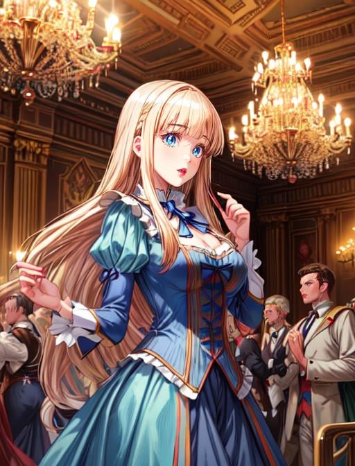 best quality, masterpiece, highres, detailed, digital illustration, <lora:Detail - add_detail:0.2>, PrincessMia20, blue eyes, blonde hair, blunt bangs, long hair, aqua dress, ribbon, lipstick,  <lora:Character - PrincessMia20:0.8>, party, medieval, chandelier, multiple people in background, ballroom, 