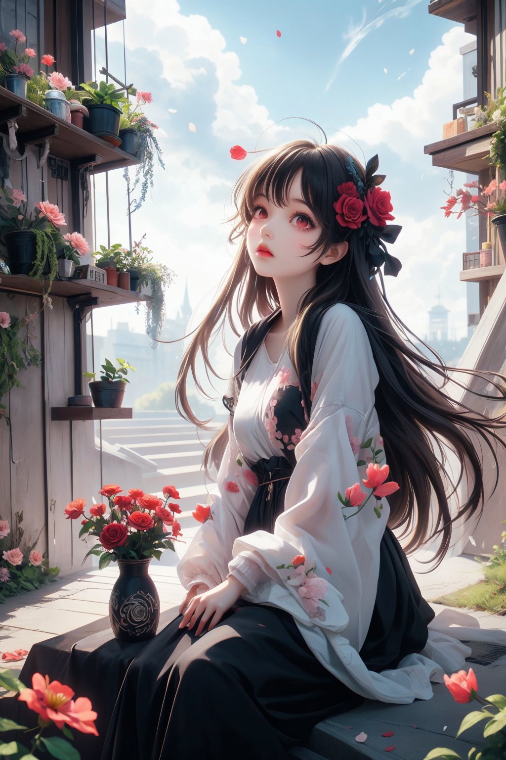 .,(loli:1.5),(5yo:1.5),(very_long_hair,:1.3),(masterpiece),(best quality),loli,1girl,apple,blonde_hair,blood,book,bouquet,building,camellia,castle,cloud,cross,defloration,dress,falling_petals,flower,hibiscus,holding_flower,leaf,long_hair,orange_flower,outdoors,petals,pink_rose,plant,red_flower,red_rose,rose,rose_petals,sitting,sky,spider_lily,stairs,strawberry,thorns,tombstone,tower,tulip,vase,vines,watering_can,wind,