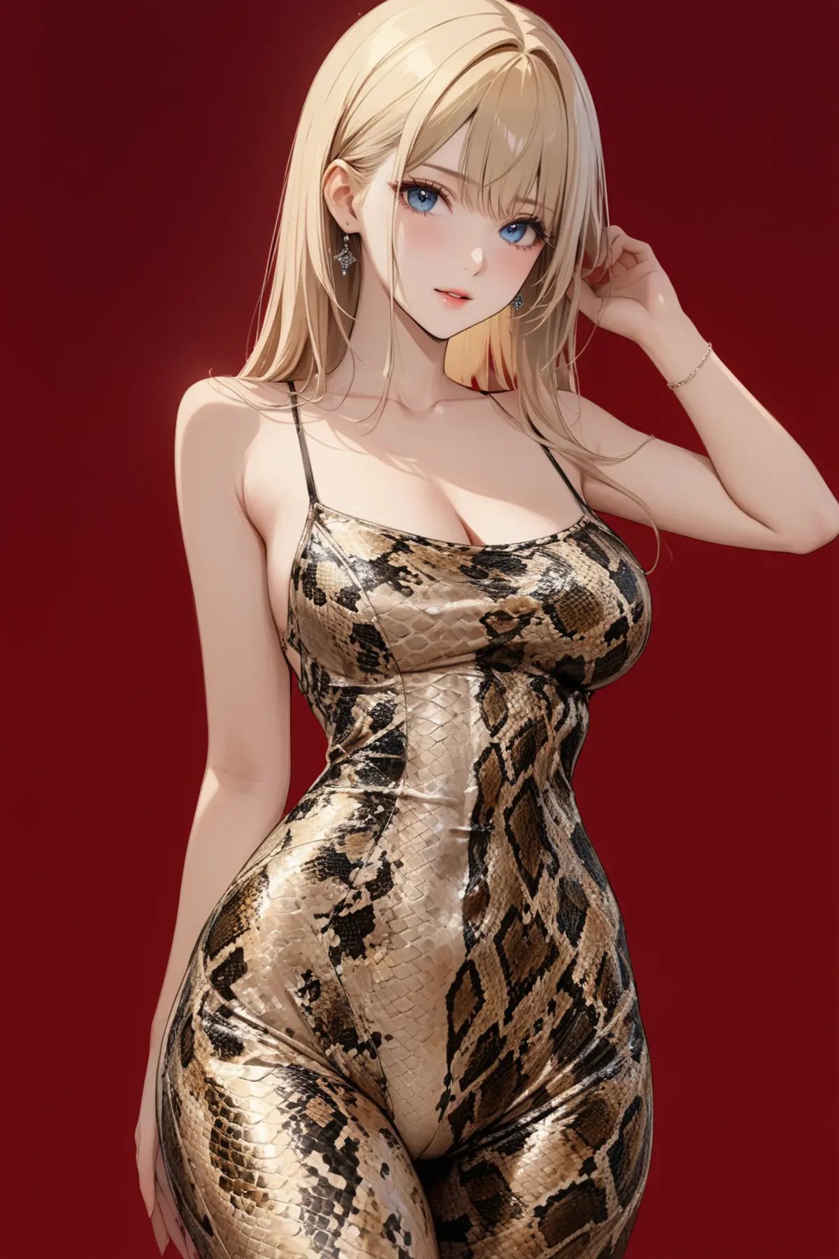 1girl,solo,red background,ruanyi0735,spaghetti strap,bodysuit,animal print,python print,,blonde hair,cowboy shot,<lora:0735 Bronzing bodysuit_xl_v1:1>, masterpiece,best quality,ultra detailed,8K,super fine illustration,highly detailed beautiful face and eyes,perfect anatomy,professional lighting,