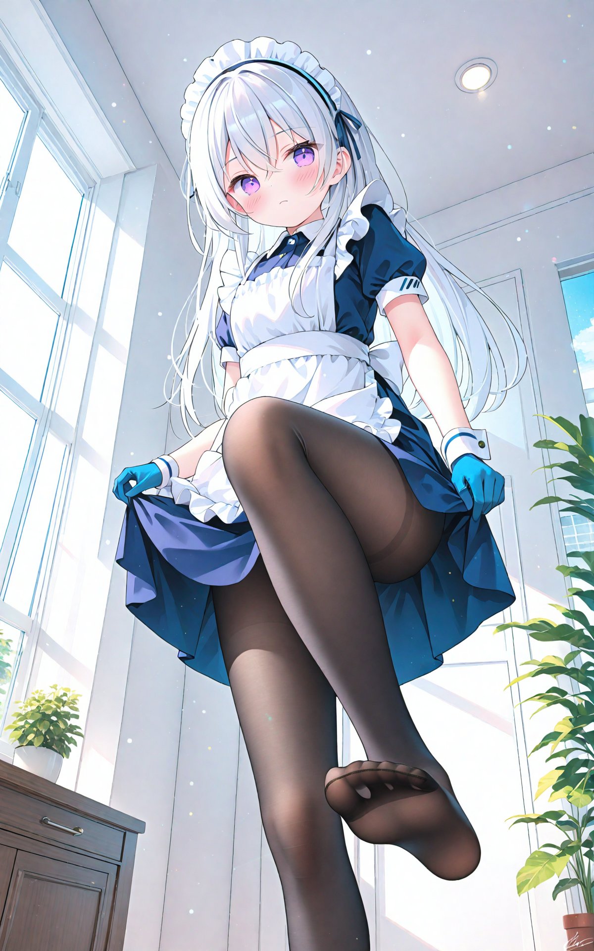 masterpiece,best quality,illustration,ultra detailed,hdr,Depth of field,(colorful),[Artist chen bin], 1girl, solo, pantyhose, maid headdress, no shoes, long hair, purple eyes, indoors, maid, dress, feet, black pantyhose, apron, gloves, short sleeves, soles, maid apron, blush, frills, purple gloves, closed mouth, standing, toes, puffy sleeves, looking at viewer, white apron, puffy short sleeves, signature, potted plant, skirt hold, collared dress, plant, white hair, from below, window, standing on one leg, blue gloves, wrist cuffs, frilled apron, asymmetrical gloves, hair between eyes, frilled dress, mismatched gloves, grey hair, foot out of frame, flower