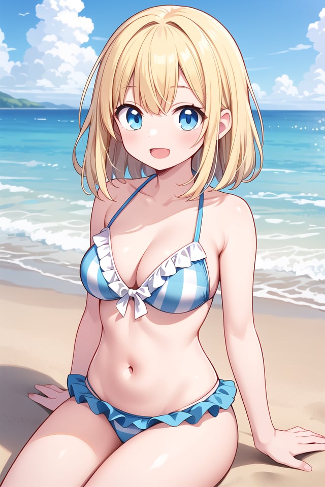 insanely detailed, absurdres, ultra-highres, ultra-detailed, best quality,(wearing pastel blue pink bikini with checked pattern with frills:1.3),1 girl, solo, happy smile, laugh, open mouth,BREAKsitting on beach, dynamic pose, cowboy shot, looking at viewer,slender, kawaii, perfect symmetrical face, ultra cute girl, ultra cute face, ultra detailed eyes, ultra detailed hair, ultra cute, ultra beautiful,BREAKbeach, coast, ocean, blue sky, cloud, outdoor, ultra detailed background,large breasts, cleavage, (blonde medium hair, blue eyes:1.2)