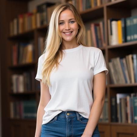 full body photo of Jennifer, long blond hair,  happy smiling expression, 4k kodak quality, ((masterpiece)), natural makeup, white crewneck shirt and blue jeans, standing inside a library