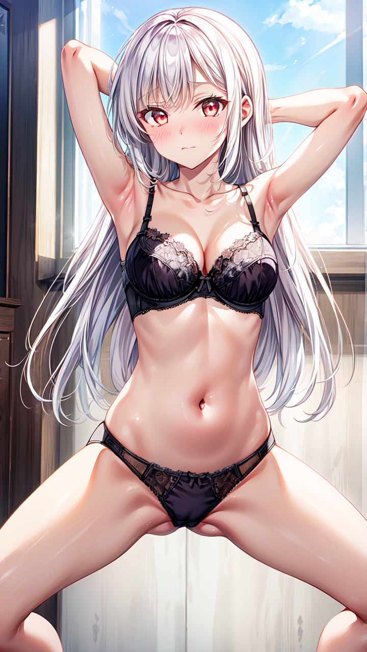 masterpiece,best quality,highres,illustration,hyper detailed,8k cg wallpaper,ray tracing,((white hair:1.3)),((long hair:1.2)),((red eyes:1.2)),((straight hair:1.3)),medium breasts,(hiten1:0.8),<lora:add_detail:1>,((bowlegged_pose, spread legs:1.1)),(arms behind head:1.1),((standing:1.3)),<lora:bowlegged_pose_SD:1>,((lace-trimmed bra:1.1)),((lace-trimmed panties:1.1)),shiny skin,embarrassed,closed mouth,cowboy shot,