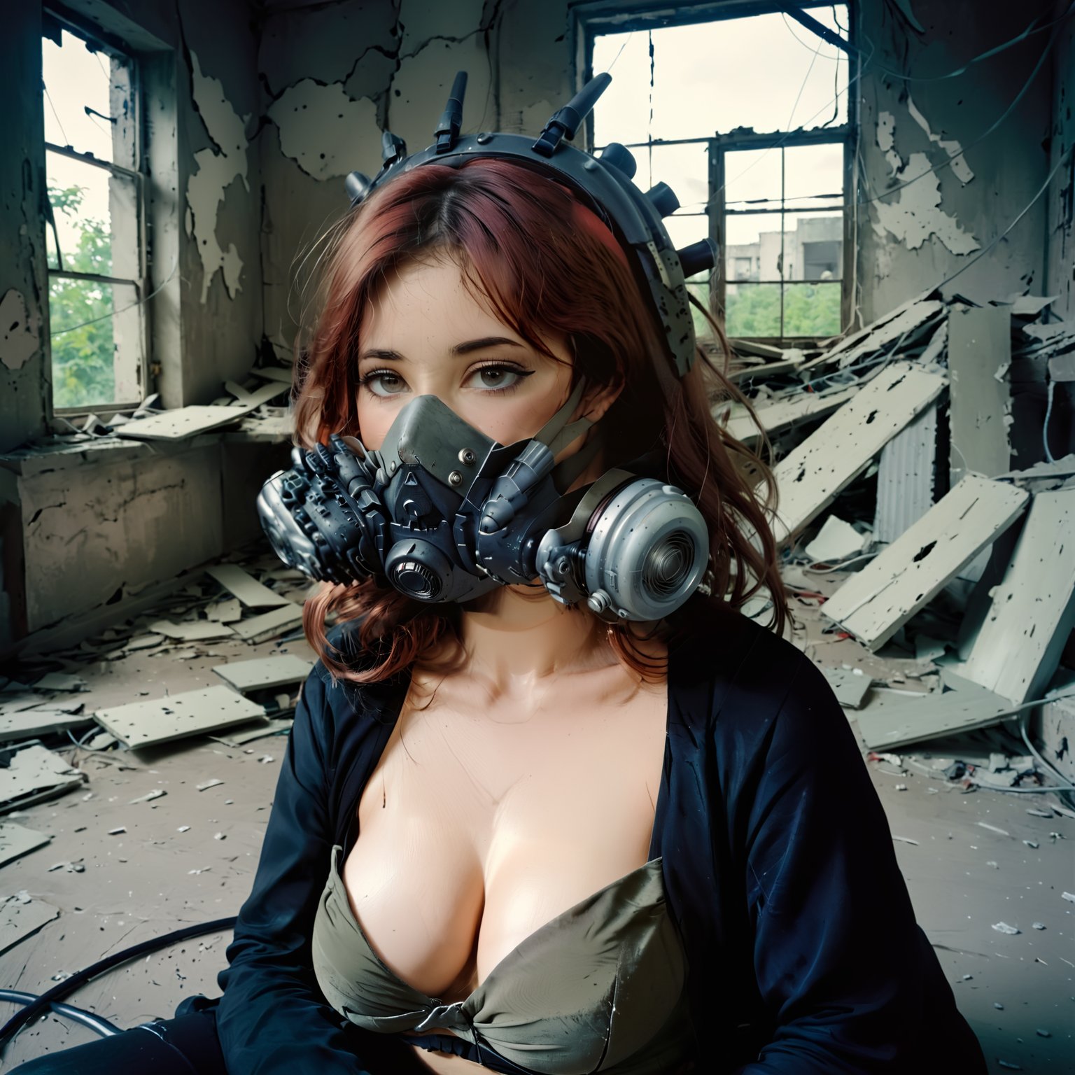 analog film photo high quality, cpfmask_xl-cmplx, wires, cables, solo, 1girl, cleavage, breasts, sitting, close up, abandoned building, inside, looking at viewer, apocalypse, <lora:lora-000008.TA_trained:1.4> . faded film, desaturated, 35mm photo, grainy, vignette, vintage, Kodachrome, Lomography, stained, highly detailed, found footage