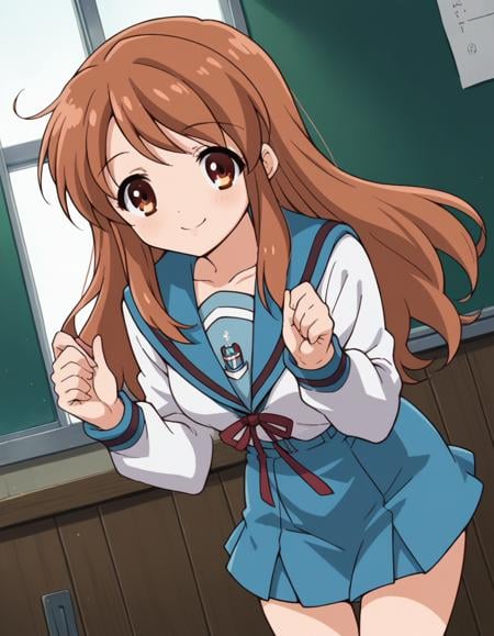 score_9, score_8_up, score_7_up, source_anime,mikuruasahina,  <lora:mikuru-asahina-s1-ponyxl-lora-nochekaiser:1>,mikuru asahina, long hair, brown hair, brown eyes,skirt, long sleeves, school uniform, serafuku, sailor collar, blue skirt, blue sailor collar, winter uniform, kita high school uniform,indoors, classroom, bent over, smile,looking at viewer, dutch angle, cowboy shot, solo,