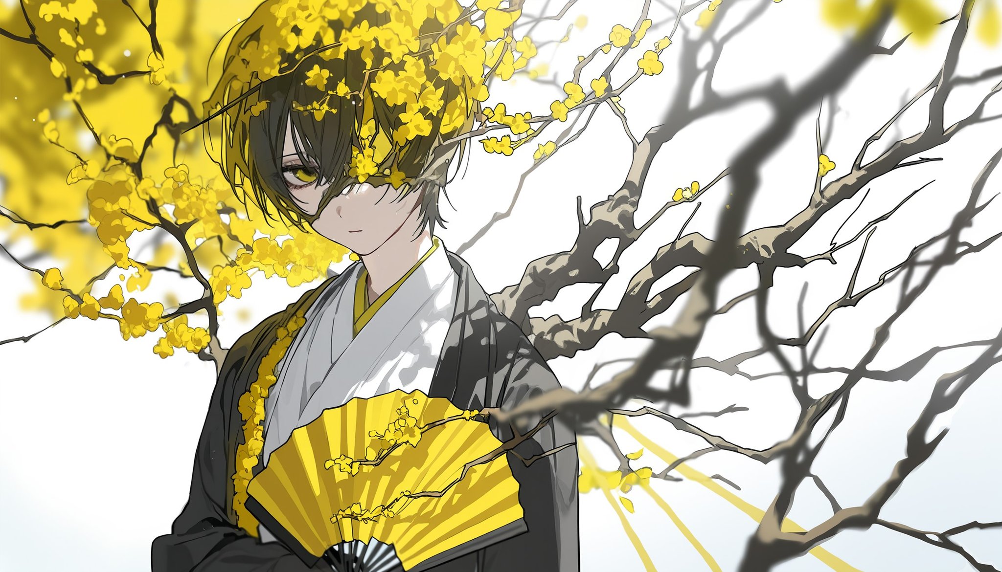 very detailed, 1boy, 1 yi sang \(project moon\), (e.g.o. \(project moon\):1.3), sandalwood plum, yellow flowers, half face covered by yellow flowers, yellow flowers over one eye, yellow eyes, black robe, black coat, blooded sleeves and hand, white hanbok underneath, huge white crystal wings, angel wings, weak, looking at viewer, expressionless, holding a folding fan, amazing quality, (by ningen mame:0.7), by yoneyama mai, by modare, branches, depth of field, lighting and shadow, (perspective:1.3), lighting particles