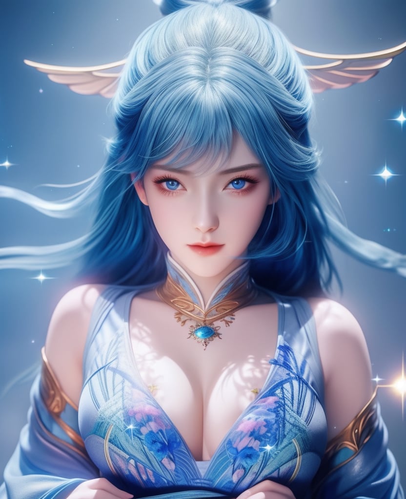 <lora:斗罗大陆-唐舞桐-海神缘:0.8>　　1girl, solo, blue hair, blue eyes, hair ornament, sparkle, looking at viewer,  (,1girl, ,best quality, ),looking at viewer,,anime,(masterpiece, top quality, best quality, official art, beautiful and aesthetic:1.2), (1girl)	, , (cleavage),extreme detailed,(fractal art:1.3),colorful, flowers ,highest detailed,(by Jeremy Lipking)    (cleavage), (),