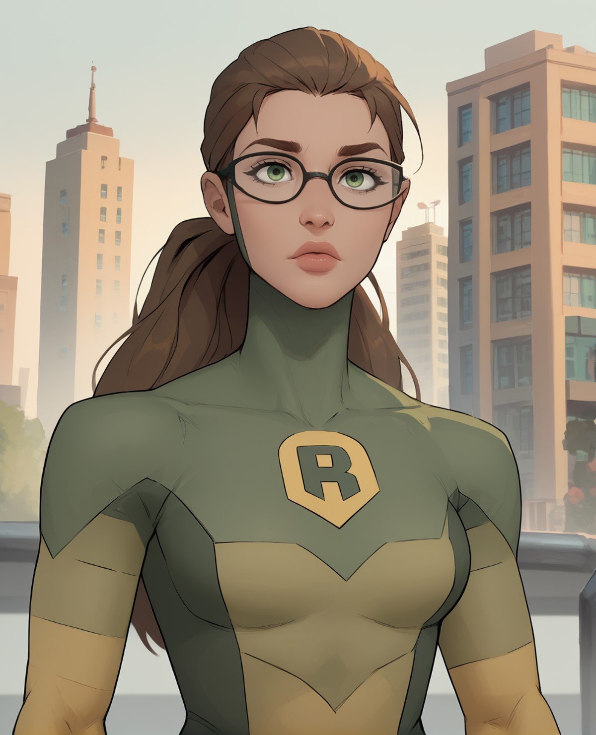 score_9,score_8_up,score_7_up,score_6_up,score_5_up,score_4_up,shrinkingraexl,ponytail,brown hair,green eyes,green bodysuit,glasses,green bodysuit,standing,upper body,R, city,morning,(insanely detailed, beautiful detailed face, masterpiece, , best quality),<lora:shrinkingRae:0.8>,