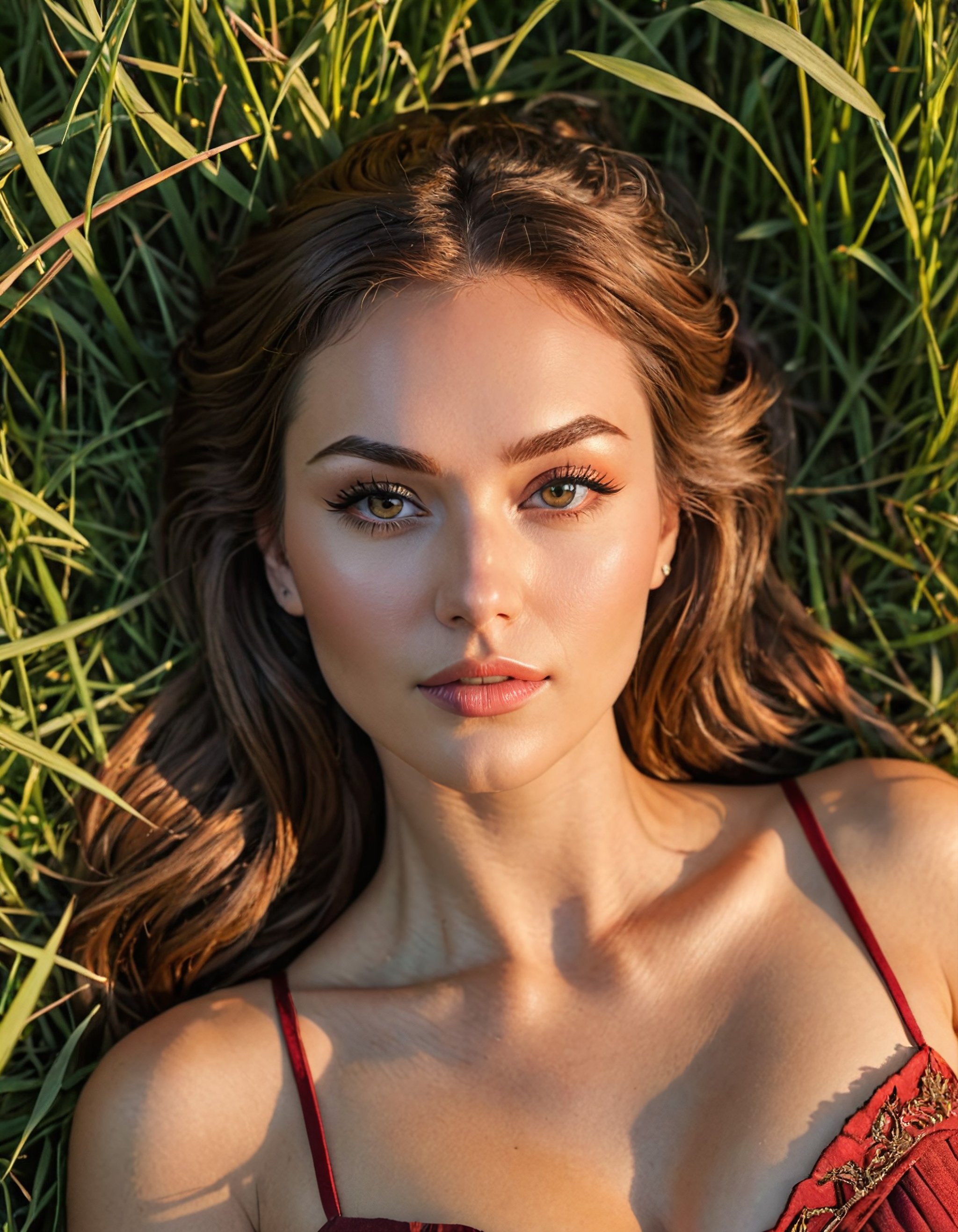 beauty, lying in long grass, sunset