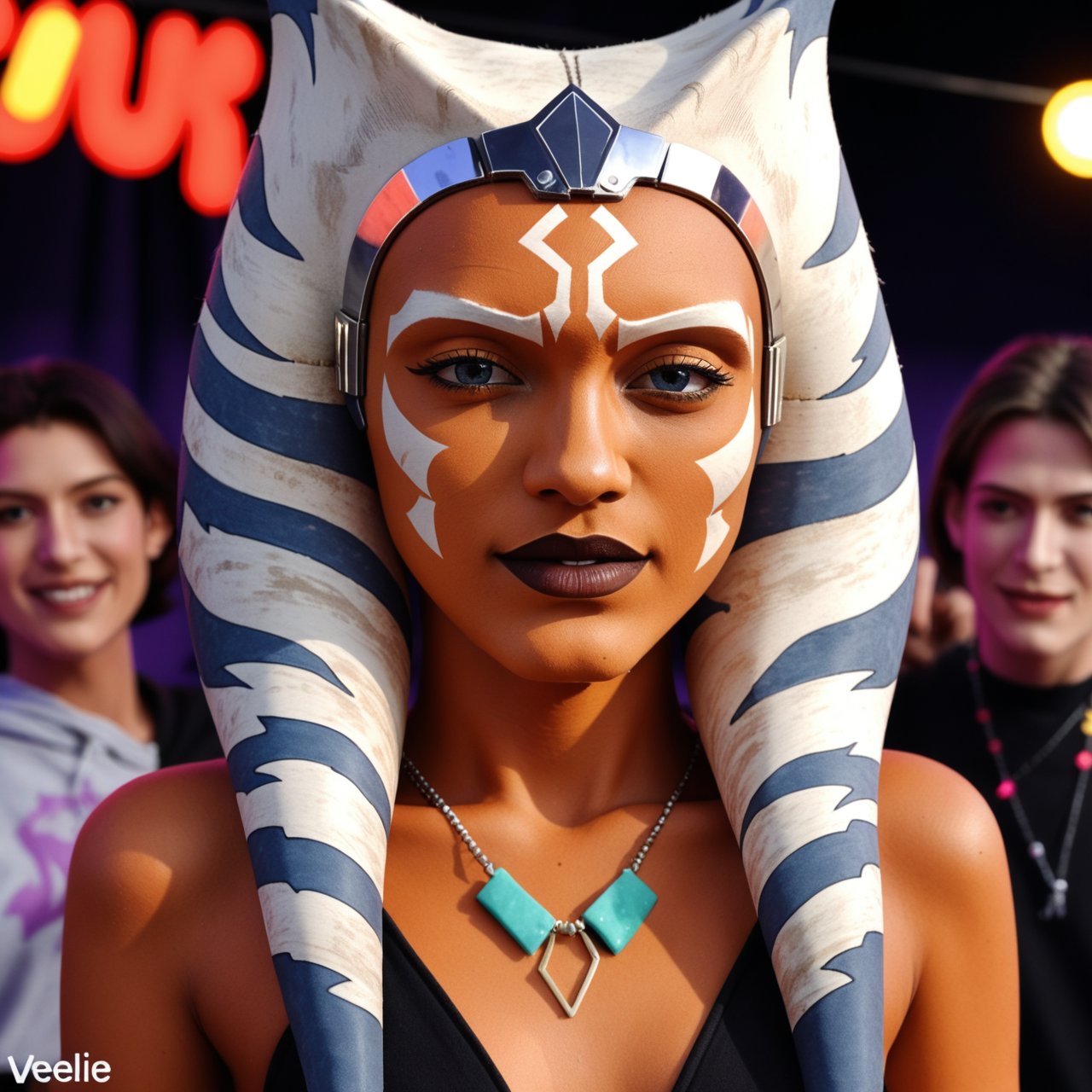 1 girl,Ahsoka Tano, half body portrait,movie shoot, in iceland, in rave music festival, evlie, 18 years old, 