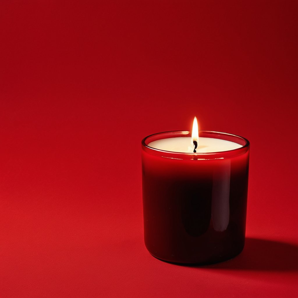 a scented candle on a bold monochrome red background,  color-drenched red-on-red styling,  soft even studio light by Hanse...
