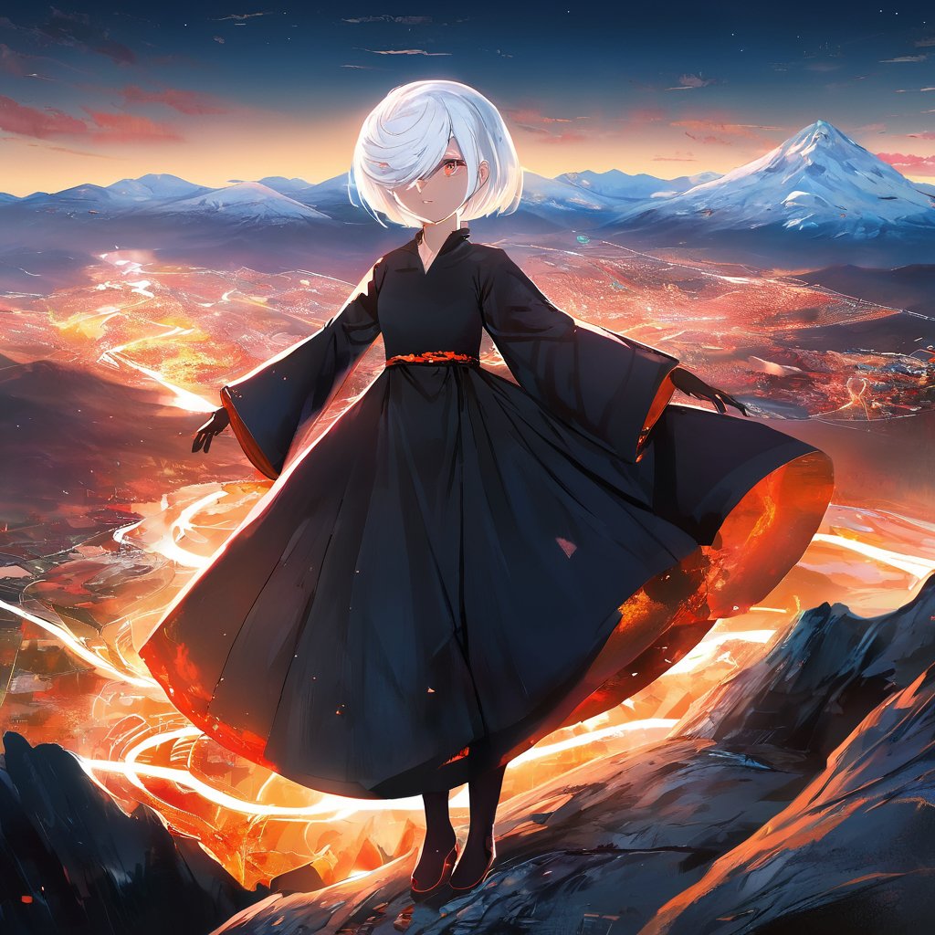 1girl, sageai, portrait, long sleeves, black dress, white hair, mountain <lora:SageAI-XL:0.85>