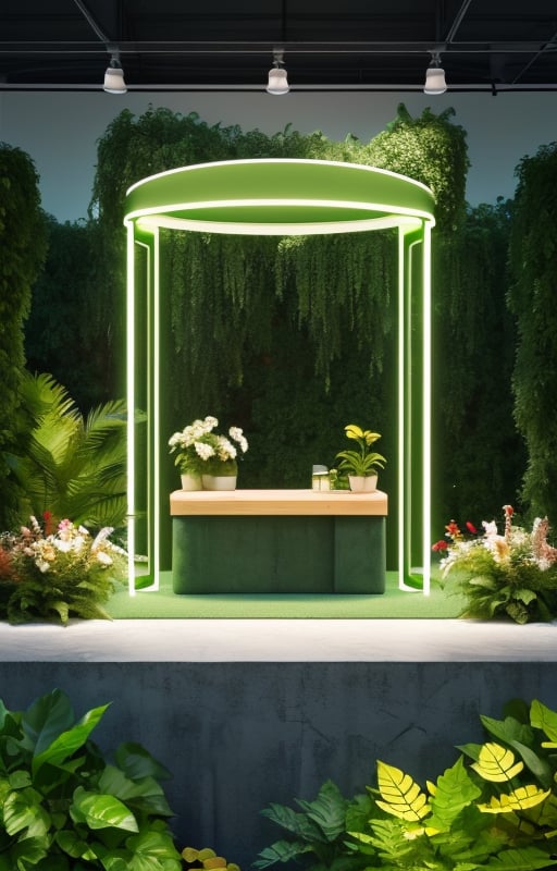 zhantai,countertop,high definition,normal contrast,(e-commerce booth:1.4),high-end color,plants  surround the stand,in a meadow,green plant,flowers,<lora:dianshangzhantai:0.7>,