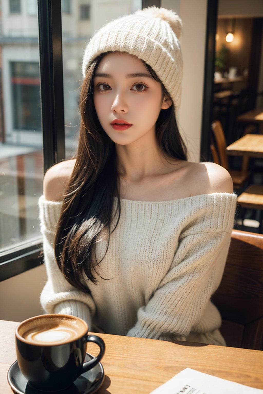 1 girl,solo,fine art photography,close up, black hair,Sitting at a table in a coffee shop,(Looking out of the window:1.2), A beige sweater, realistic,Long straight hair,A hat made of wool,indoor,bare shoulders,red lips,coffee cup, coffee,Volume lighting,Light and dark light