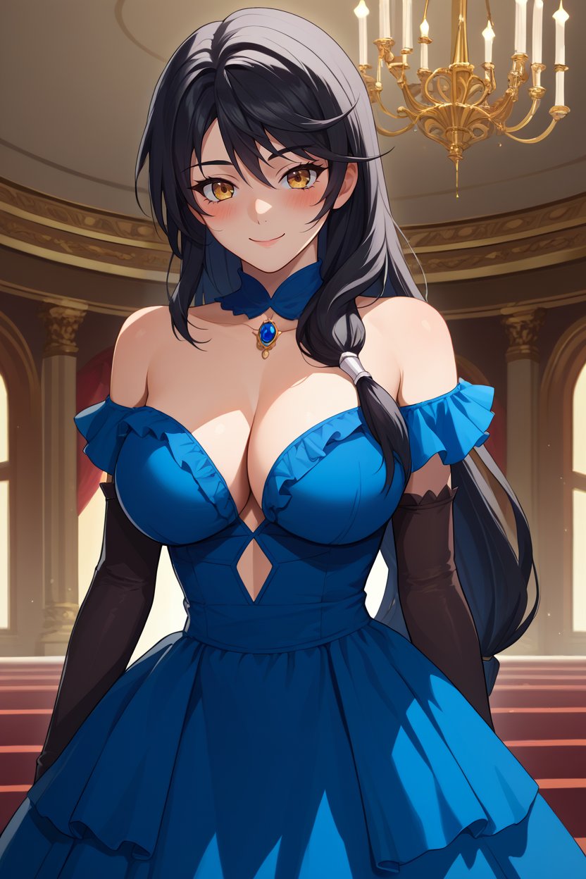 score_9, score_8_up, score_7_up, score_6_up, source_anime BREAK 1girl, solo  <lora:velvetcrowe-pdxl-nvwls-v1-000005:1> velvetcrowe, black hair, low-tied long hair, dark blue ballgown, blue dress, frilled dress, elbow gloves, ballroom, chandelier, large breasts, smile, looking at you, blush