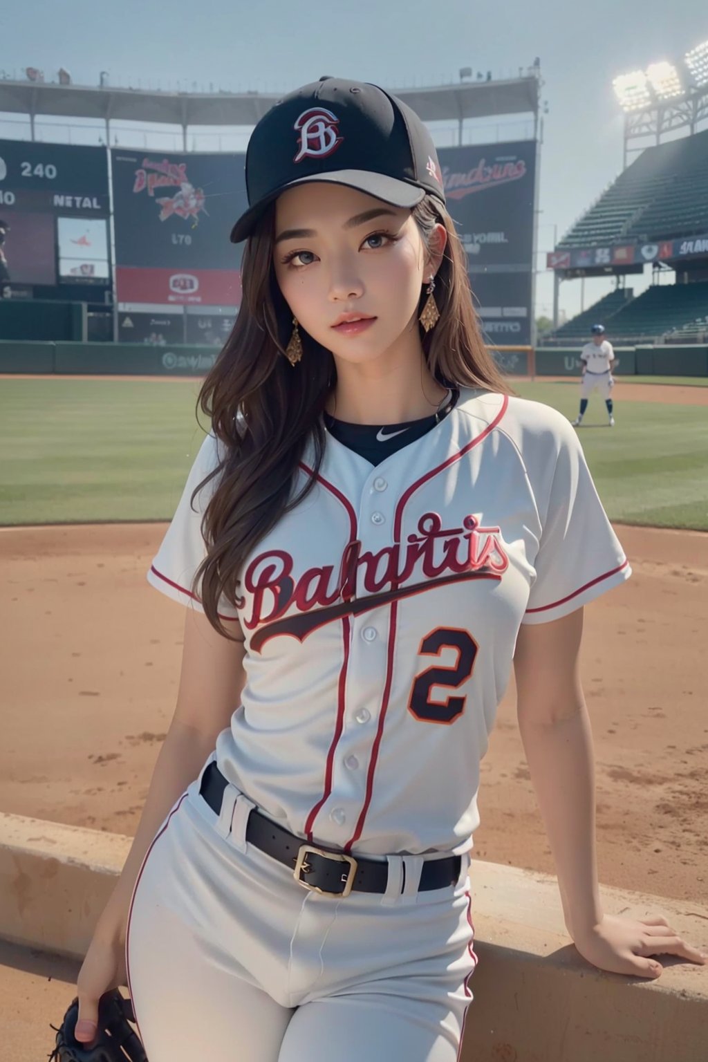 Baseball athletic, a young beautiful baseball batter, blue eyes, blushed, curvy body, small waist, thick thighs, standing Poses, seductive smile,(long hair:1.3), (cat ears:1.3), (cat tail:1.3), fabulous hairstyles, (baseball cap, baseball pants, baseball jersey, baseball, Metal baseball cleats, baseball uniform, baseball bat,:1.3)extremely detailed clothing, earrings, (ultra wide-angle baseball field background:1.3)style of Inoue Takehiko and Rebecca Guay, extreme closeup portrait, lifelike, glamourous, audiences on the Stadium Seating, extreme detail irises, reflexive eyes retinas,detailed eyebrows, detailed eyelashes, feminine hand, beautiful finger polished nails, professional makeup, exquisite body parts detailing, extremely intricate details, exquisite detail complexion, flossy skin complexion, extreme detail facial features,extremely detailed environment, dust particles, sub surface scattering, perfect lighting, visual compositional, masterpiece, best quality, exquisite masterpiece, professional production, extremely exquisite detailed, hyper detailed, extremely high resolution, extremely high res, high resolution, highres, outdoor surrounding, extremely explicit details, extremely sharp focus,HDR, DSLR, high dynamic color range, RAW Photo, 50mm lens, F/1.2, Shutter speed 1/200, ISO 50,