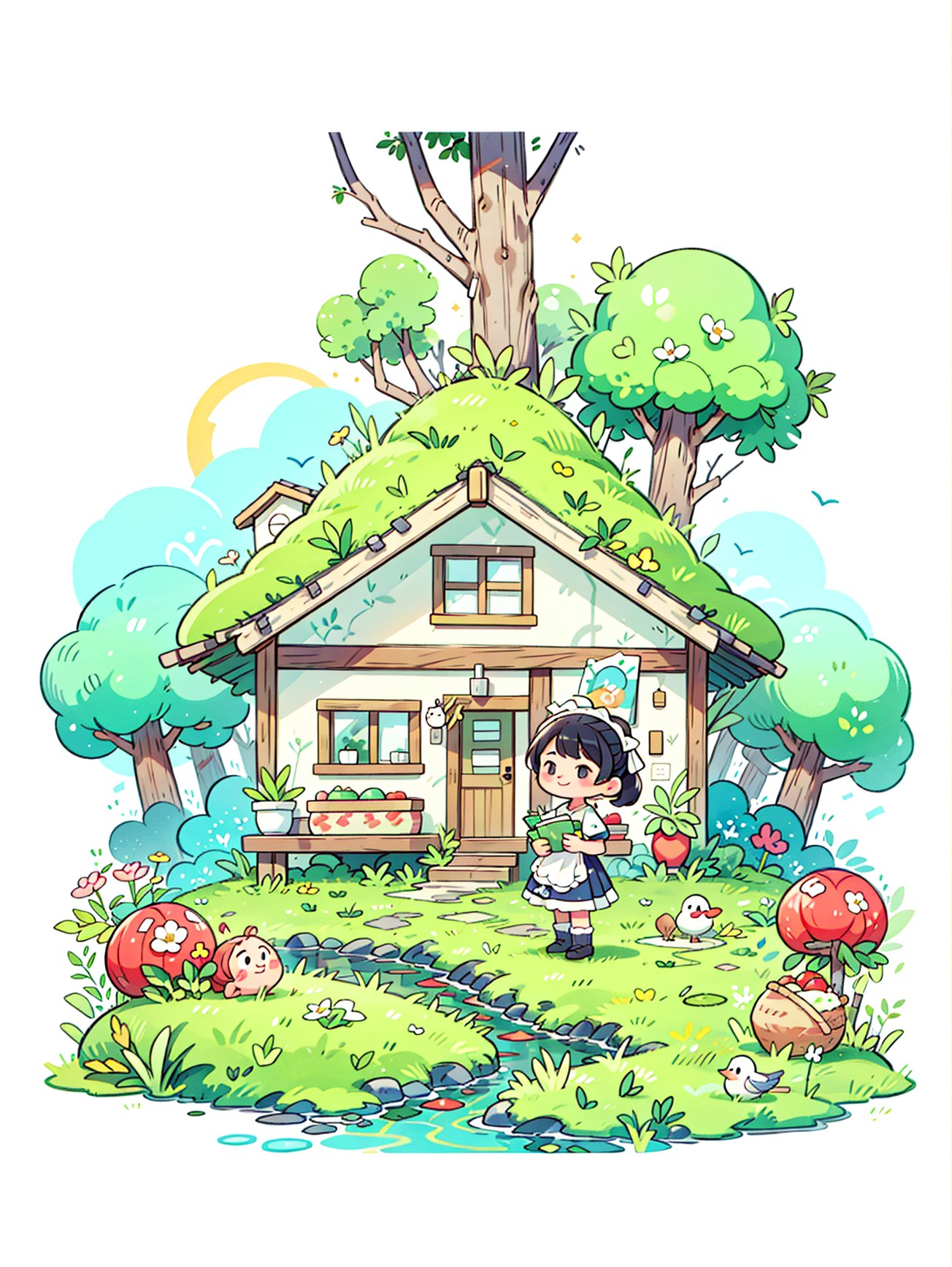 Spring, landscape illustration, (thatched cottage: 1.3), white walls, muddy roads, green rice fields, a small stream, distant snow mountains, grasslands, colorful flowers, trees, moss, grass, a little girl holding a flower basket, smiling expression, standing next to the fence of the farm, white silk, maid attire, double ponytails, black hair, looking right, children's illustration, gouache brush style, perfect composition,, A ink painting of a tranquil orchard with Chinese writing on it and a pair of birds building their nest, with a fruit-laden branch in the foreground, An Zhengwen, organic painting, a minimalist painting, art & language, ink and wash,