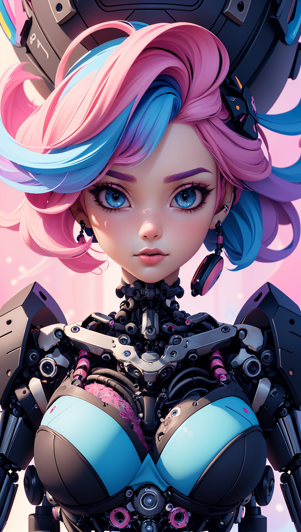 (masterpiece, top quality, best quality, official art, beautiful and aesthetic:1.2),(1girl:1.4),upper body,([pink|blue] hair:1.5),extreme detailed,(fractal art:1.3),(colorful:1.5),highest detailed,(Mechanical modification:1.5),