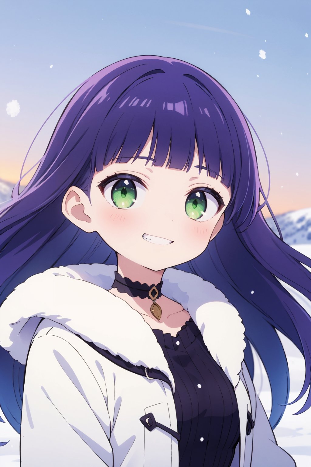 solo, {{ petite, }}long hair, straight hair, blunt bangs, purple hair, green eyes, small breasts, {{ choker, }} long sleeves, grin, coat,wind, portrait, snow, outdoors,masterpiece, best quality, absurdres,