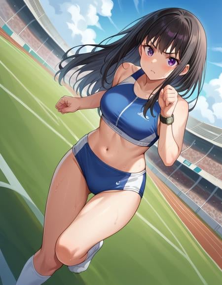 score_9, score_8_up, score_7_up, source_anime, takinainoue, <lora:takina-inoue-ponyxl-lora-nochekaiser:1>, inoue takina, long hair, bangs, black hair, purple eyes, crop top, white socks, buruma, sports bra, sportswear, wristwatch, sports bikini, outdoors, track and field, stadium, running, sweat, sweatdrop, looking at viewer, cowboy shot, dutch angle, dynamic pose,