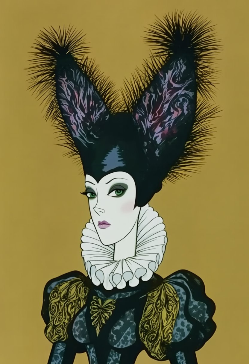 @TLGstyle. This artistic illustration features a stylized,  elongated portrait of Black Queen a woman reminiscent of Renai...