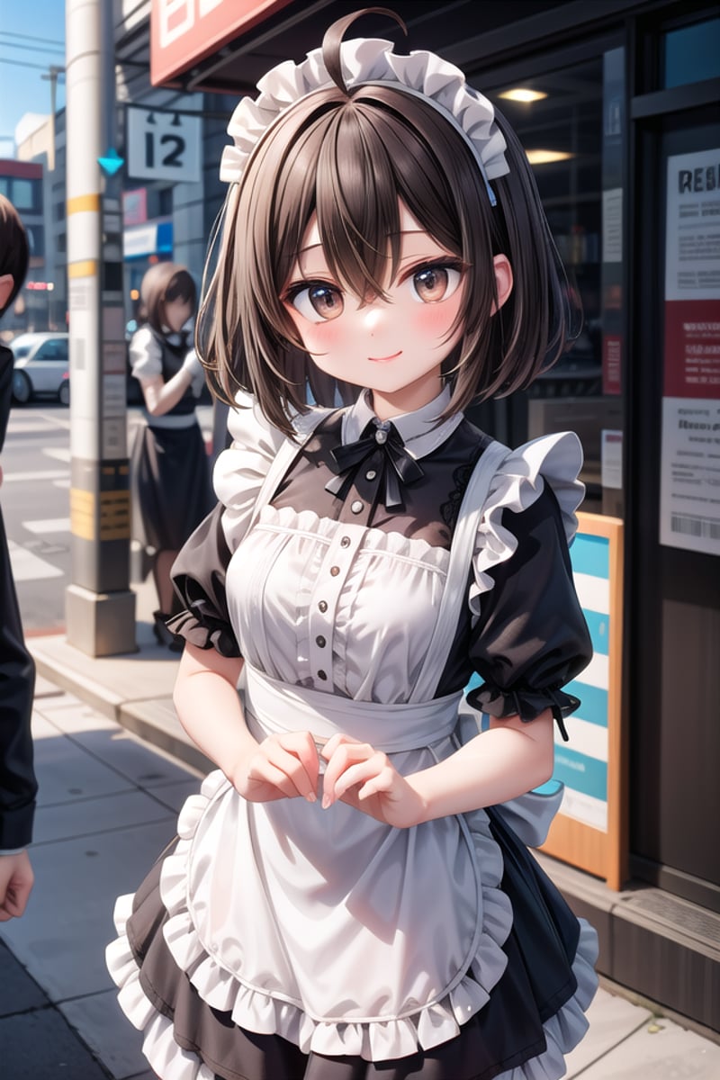 insanely detailed, absurdres, ultra-highres, ultra-detailed, best quality,1girl, solo, nice hands, perfect handsBREAK(German maid, maid costume, maid hair dress:1.3)BREAKhappy smile, laugh, closed mouthBREAK,standing, cowboy shot, looking at viewerBREAKslender, kawaii, perfect symmetrical face, ultra cute girl, ultra cute face, ultra detailed eyes, ultra detailed hair, ultra cute, ultra beautifulBREAKin akihabara, outdoor, depth of field, ultra detailed backgroundBREAKlarge breasts, (cleavage:-1)BREAK(ahoge:1.2), (short bob cut, hair between eyes, black dark_brown hair, black dark_brown eyes:1.3), (long hair:-1)