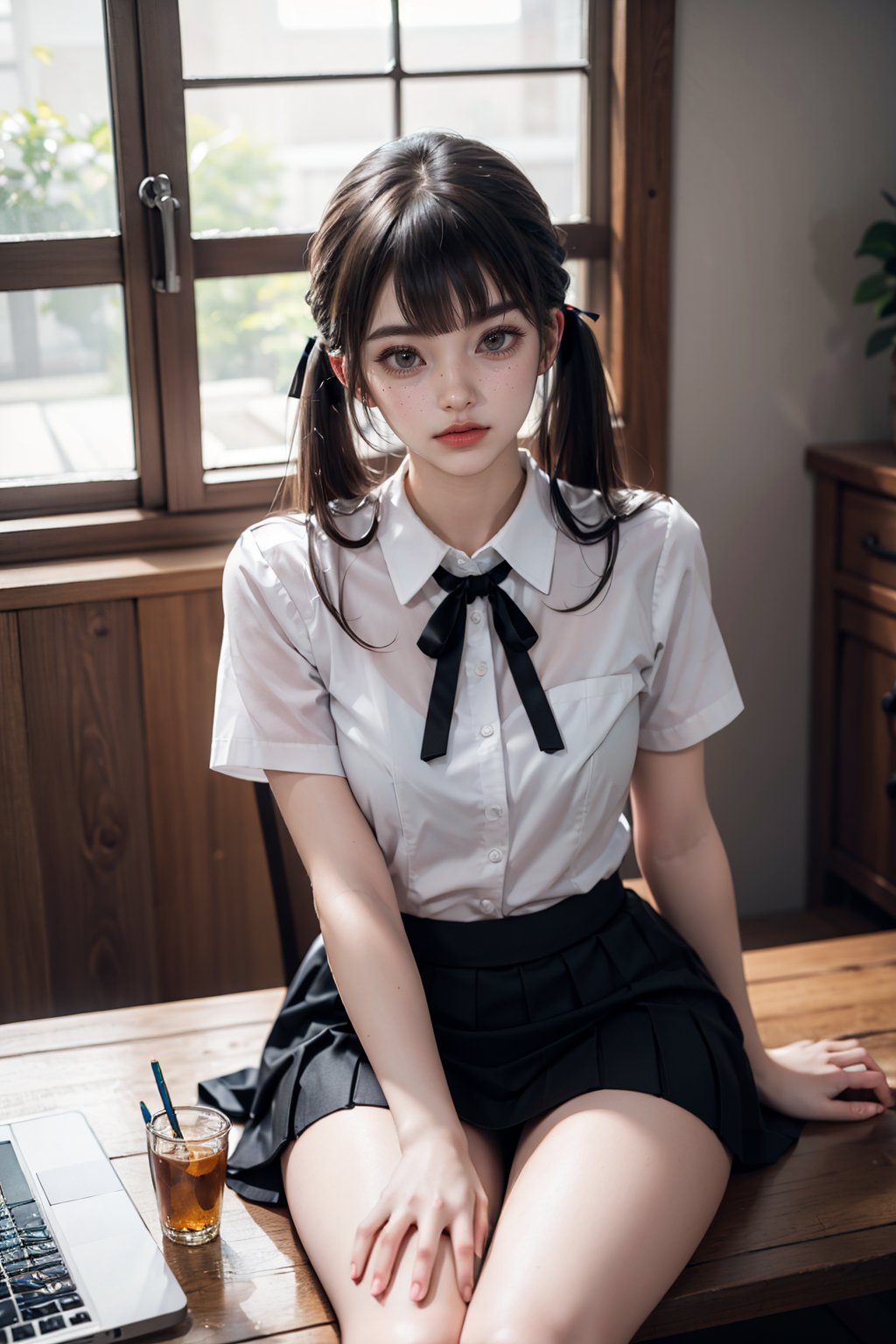 masterpiece,ultra high res,realistic,finely detail,extremely detailed,1girl,solo,skirt,chair,sitting,shirt,low twintails,long hair,looking at viewer,short sleeves,indoors,white shirt,brown hair,realistic,bangs,blurry,black skirt,ribbon,blurry background,blue ribbon,brown eyes,on chair,blunt bangs,hand on own knee,collared shirt,pencil skirt,depth of field,table,desktop,<lora:add_detail:0.5>,