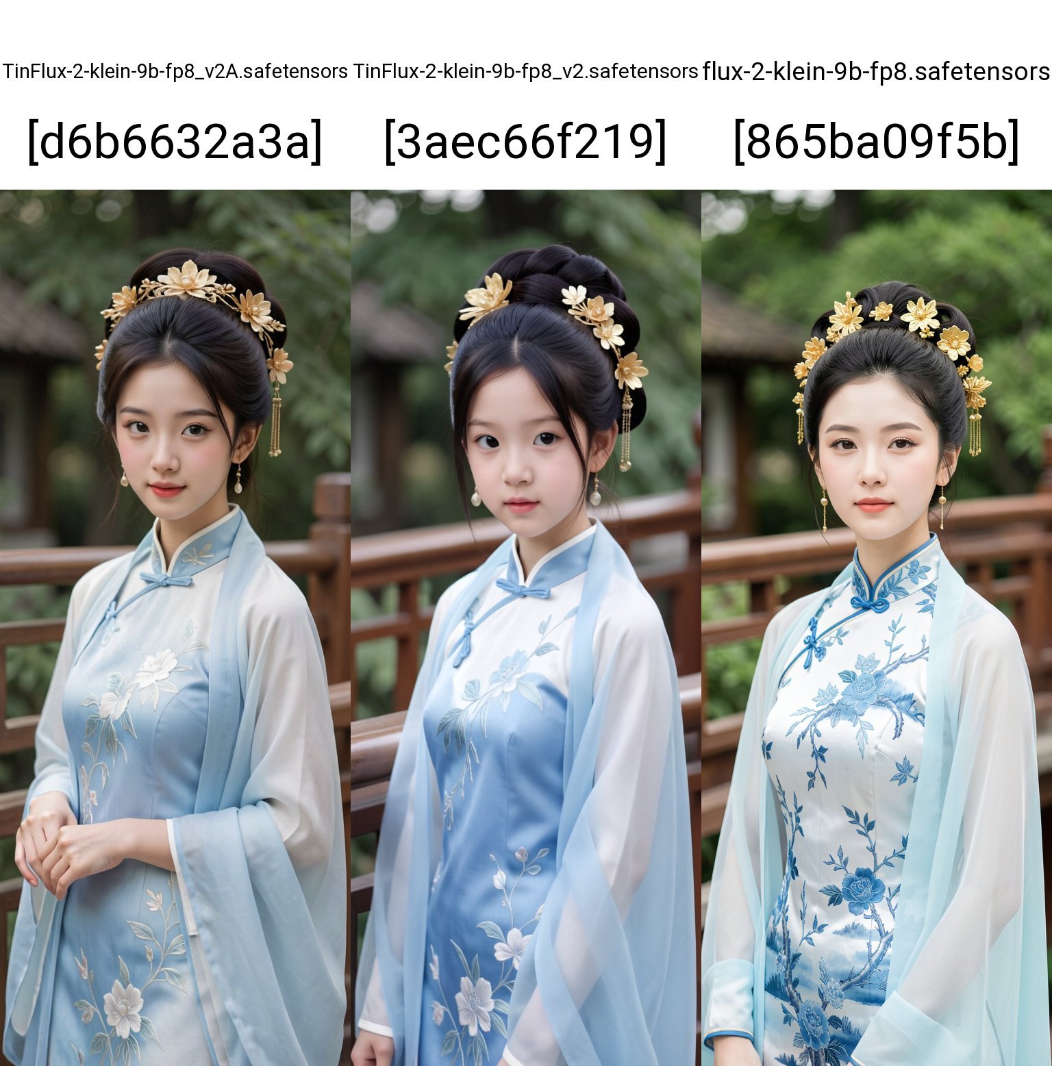 Photograph of a young Asian woman with fair skin and dark hair styled in an intricate updo adorned with golden floral hair...