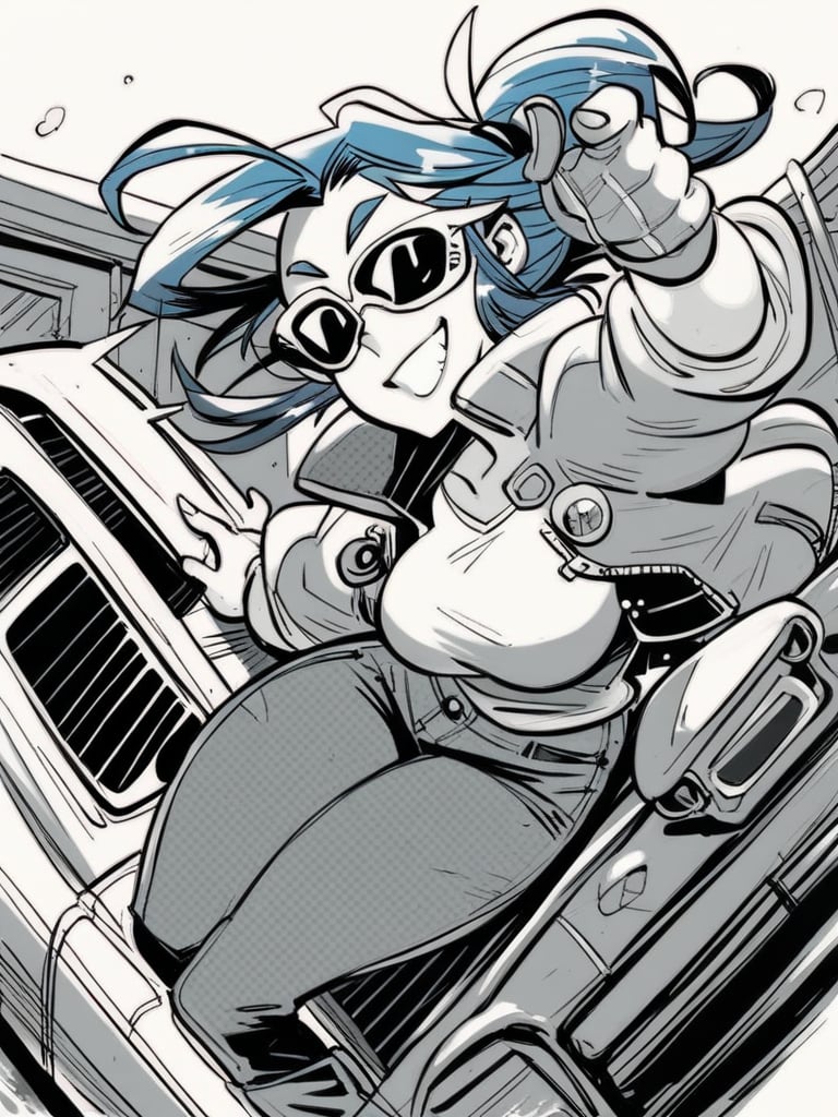 score_9, score_8_up, score_7_up, score_6_up, girl sitting inside a car, cyberpunk clothes, multicolored clothes, jacket, sunglasses, blue hair, pants, curvy, huge breasts, narrow waist, wide hips, thick thighs, neon lights, looking at viewer, cowboy shot, dynamic pose, smile, cute, wide shot, solo, dutch angle, <lora:INKtoonXLP_Style:1> InkToon, monochrome, black eyes, simple white  background, cute, sketch, thin line, cartoon, splash art, concept art