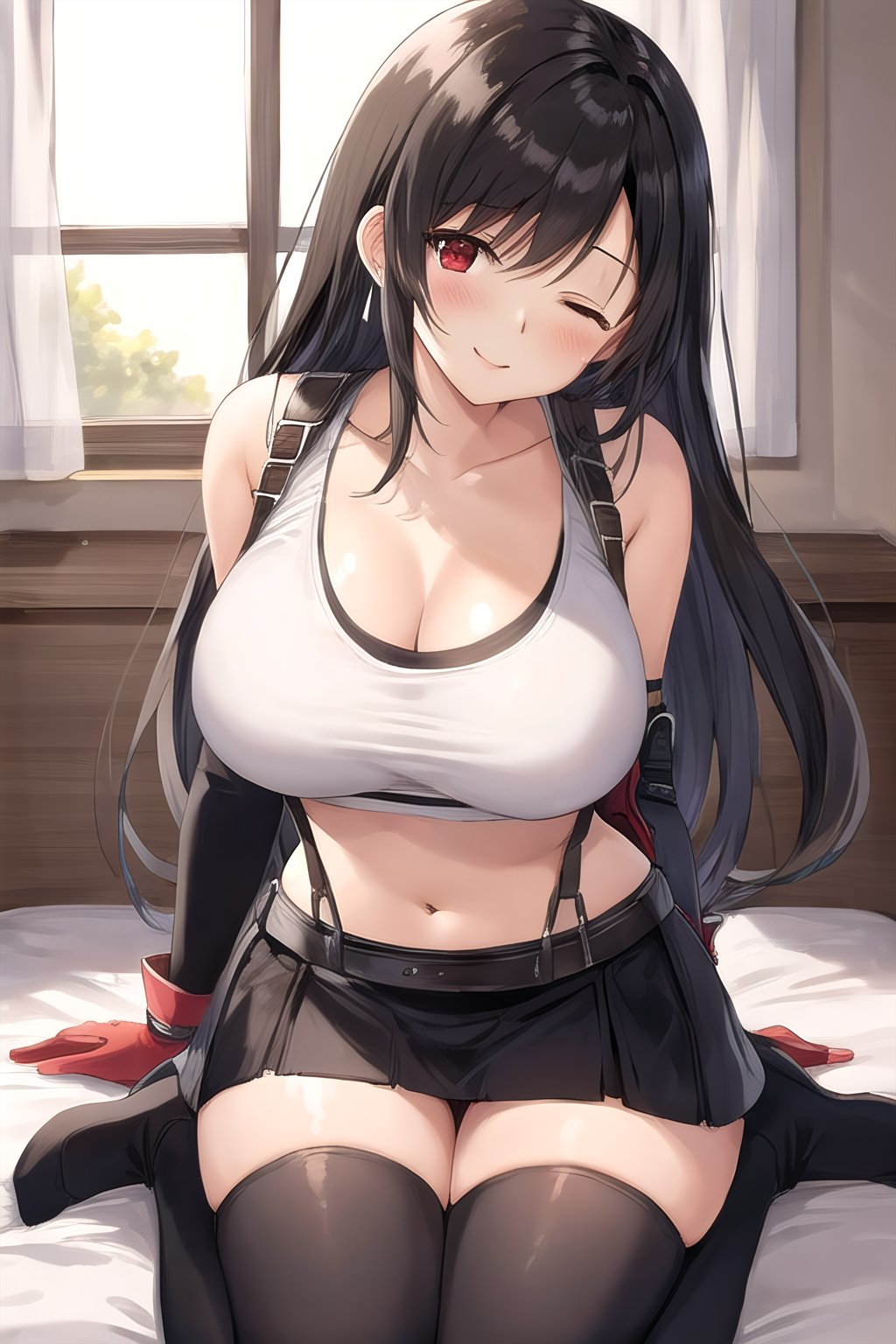 <lora:tifa-10:0.8>, tifa ff7, 1girl, solo, looking at viewer, blush, sitting, on bed, wariza, seductive smile, tank top, black skirt, suspender skirt, midriff, black thighhighs, red gloves, bra, zettai ryouiki, bent over, head tilt, one eye closed