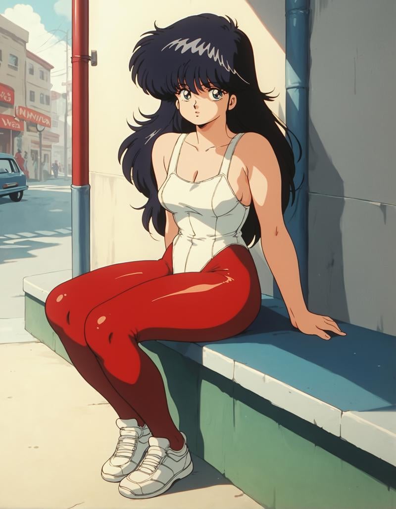 score_9, score_8_up, score_7_up,score_6_up,high resolution,digital art,mdk,1girl,solo,retro,black hair,long hair,leotard,leggings,sunny,street,looking at viewer,volumetric lighting,depth of field,full body,front view,sitting